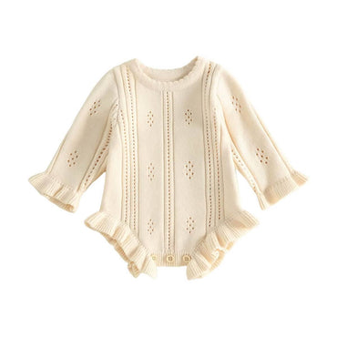 Long Sleeve Solid Knit Ruffled Baby Romper Beige 9-12 M