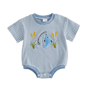 Short Sleeve Striped Fishing Floral Baby Romper Blue 0-3 M