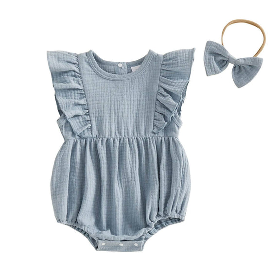 Fly Sleeve Solid Baby Romper Blue 0-3 M