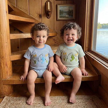 Short Sleeve Striped Fishing Floral Baby Romper