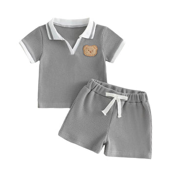 Short Sleeve Waffle Bear Baby Set Gray 3-6 M