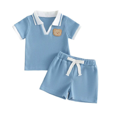 Short Sleeve Waffle Bear Baby Set Blue 3-6 M