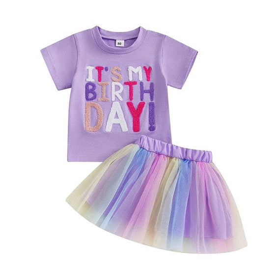 Short Sleeve Birthday Tulle Skirt Toddler Set