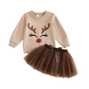 Long Sleeve Reindeer Tulle Skirt Toddler Set Brown 12-18 M