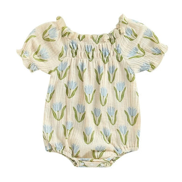 Puff Sleeve Floral Baby Romper Blue 3-6 M 
