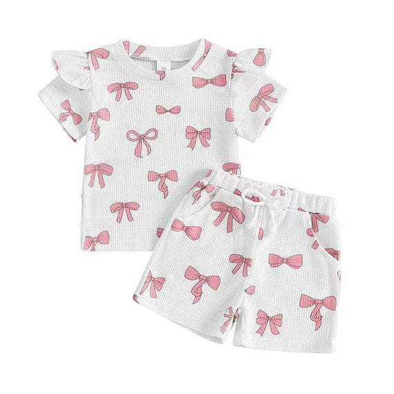 Short Sleeve Bows Waffled Baby Set White 9-12 M