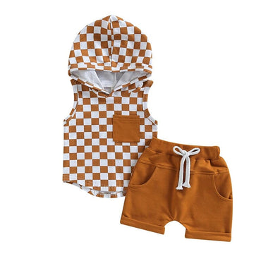 Sleeveless Checkered Hooded Baby Set Brown 3-6 M 
