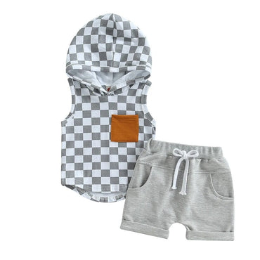 Sleeveless Checkered Hooded Baby Set Gray 3-6 M 