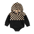 Long Sleeve Hooded Checkered Baby Romper   