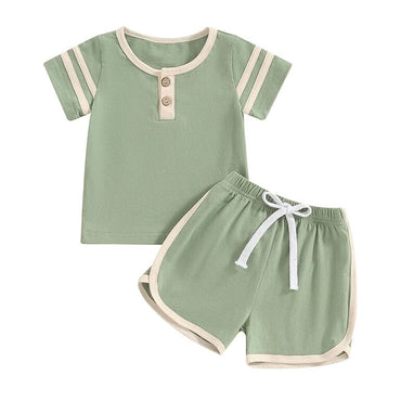Short Sleeve Solid Stripes Baby Set Green 3-6 M 