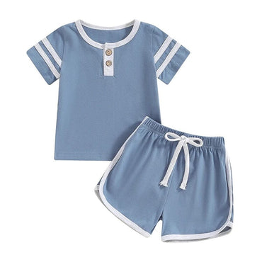 Short Sleeve Solid Stripes Baby Set Blue 3-6 M 