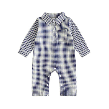Long Sleeve Gingham Collared Baby Jumpsuit Jumpsuit The Trendy Toddlers Blue 0-3 M 