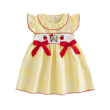 Flutter Sleeve Bows Back To School Toddler Dress Yellow 2T