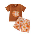 Short Sleeve Checkered Pumpkin Toddler Set Sets The Trendy Toddlers Brown 9-12 M 