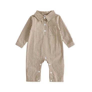 Long Sleeve Gingham Collared Baby Jumpsuit Brown 0-3 M