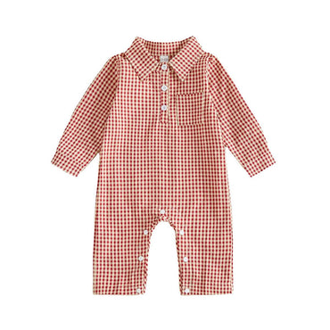 Long Sleeve Gingham Collared Baby Jumpsuit Red 0-3 M