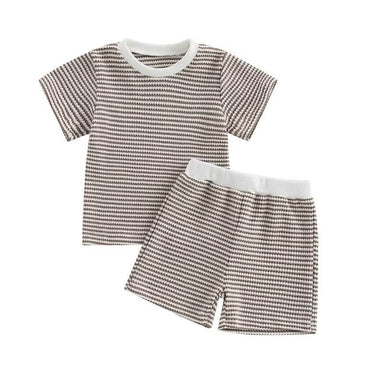 Short Sleeve Striped Waffle Baby Set Khaki 3-6 M