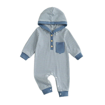 Long Sleeve Striped Hooded Baby Jumpsuit Blue 0-3 M