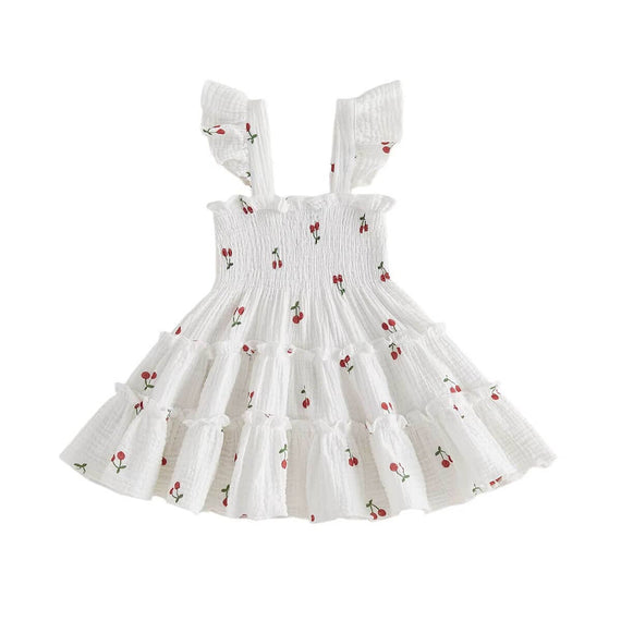 Fly Sleeve Cherry Layered Toddler Dress White 9-12 M