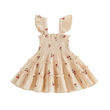 Fly Sleeve Cherry Layered Toddler Dress Dresses The Trendy Toddlers Beige 9-12 M 