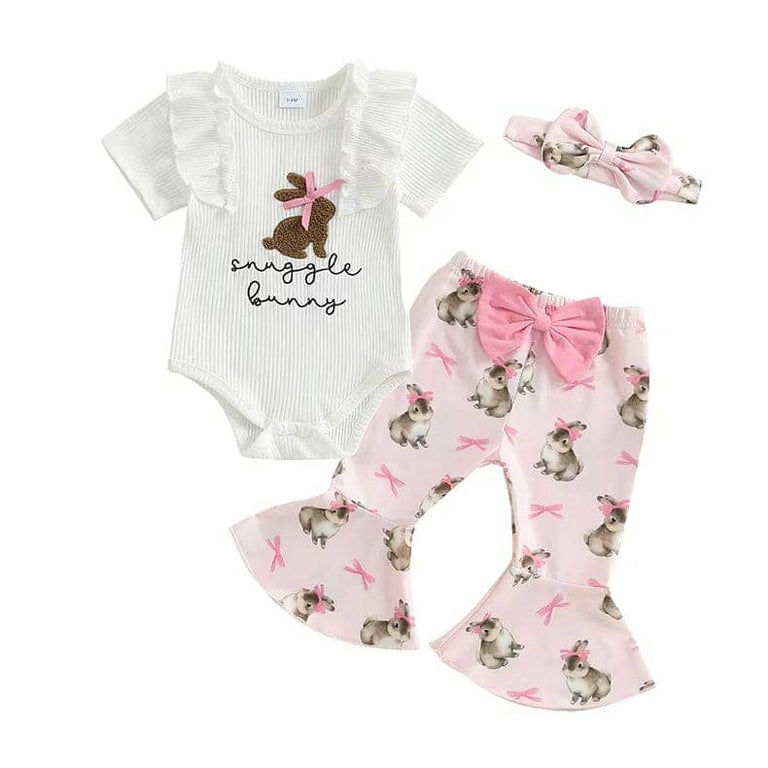Cute Baby Girls 3-Piece Cotton Outfit – “Lovely Day” Bunny Printed Top, Shorts & Cap Set