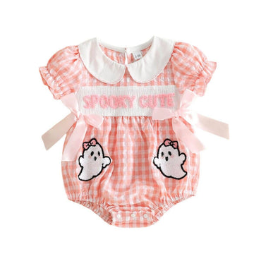 Puff Sleeve Checkered Halloween Baby Romper Rompers The Trendy Toddlers Pink 0-3 M 