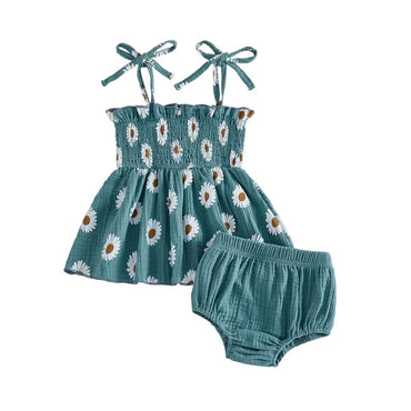 Sleeveless Smocked Daisy Baby Set Blue 0-3 M