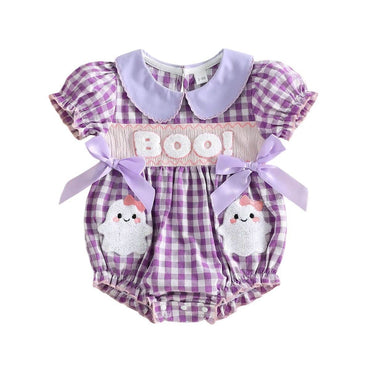 Puff Sleeve Checkered Halloween Baby Romper Purple 0-3 M