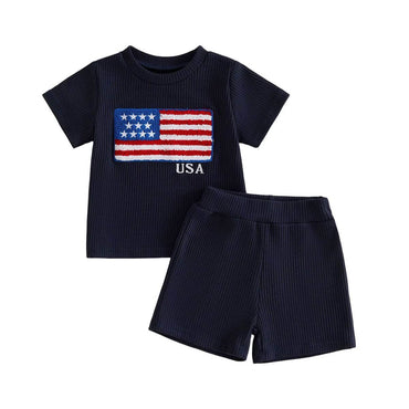 Short Sleeve USA Flag Baby Set Navy Blue 3-6 M