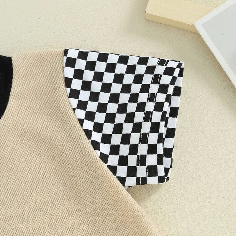 Short Sleeve Beige Checkered Baby Set   