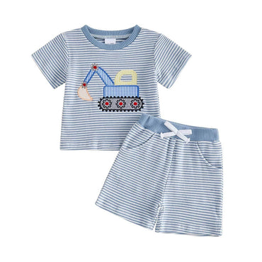 Short Sleeve Striped Excavator Toddler Set Blue 9-12 M