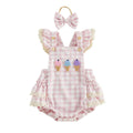 Fly Sleeve Lace Ice Cream Checkered Baby Romper