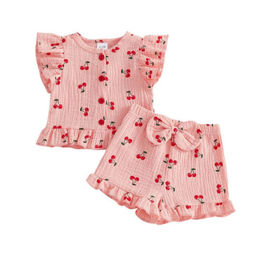 Cherry Ruffled Linen Toddler Set