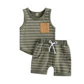 Sleeveless Striped Pocket Baby Set Green 3-6 M 