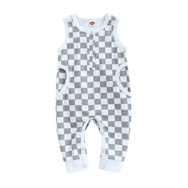Sleeveless Checkered Buttoned Baby Jumpsuit Gray 0-3 M 