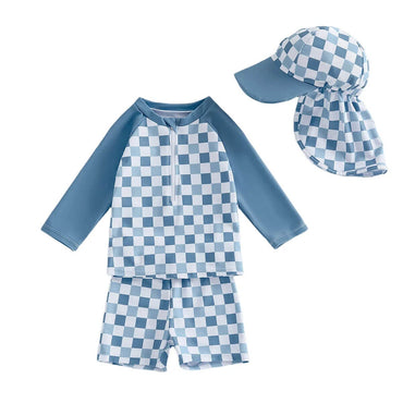 Long Sleeve Checkered Toddler Swimsuit Blue 9-12 M