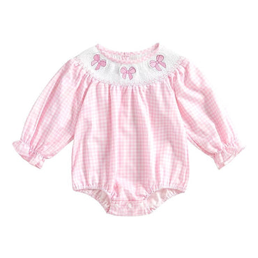 Long Sleeve Pink Plaid Bows Baby Romper   