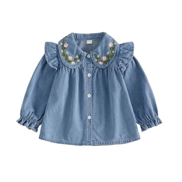 Ruffled Collar Denim Toddler Shirt shirt The Trendy Toddlers Blue 12-18 M 