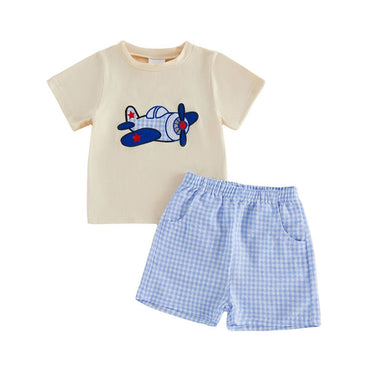 Short Sleeve Airplane Plaid Shorts Baby Set