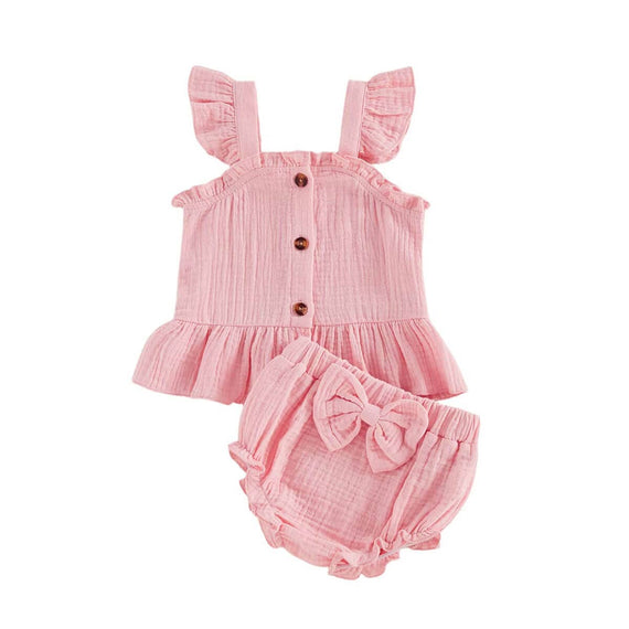 Solid Ruffled Top Bow Shorts Baby Set Pink 0-3 M