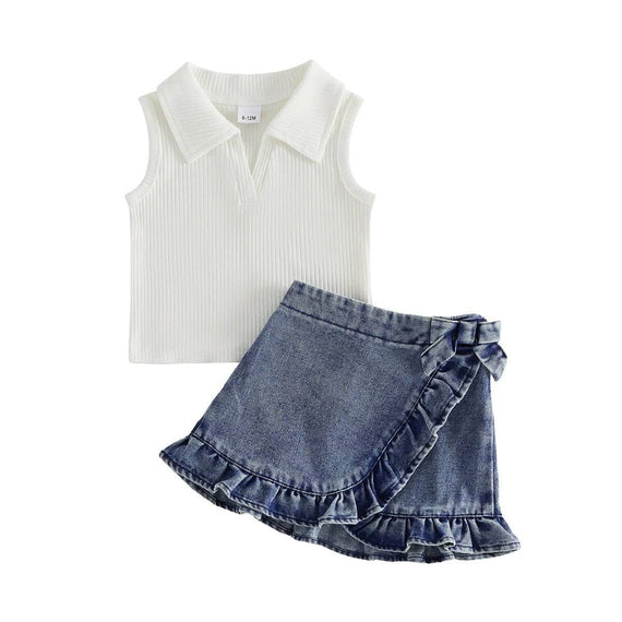 Sleeveless Collar Top Denim Skirt Toddler Set
