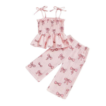 Sleeveless Bows Smocked Strap Toddler Set