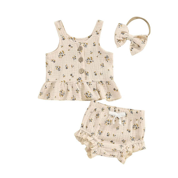 Sleeveless Floral Ruffled Baby Set Beige 3-6 M