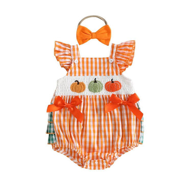 Fly Sleeve Gingham Pumpkins Baby Romper