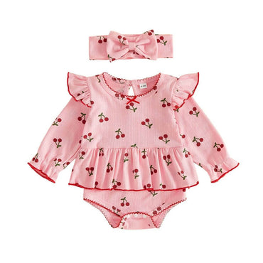 Long Sleeve Cherry Ruffled Baby Romper Rompers The Trendy Toddlers Pink 0-3 M 