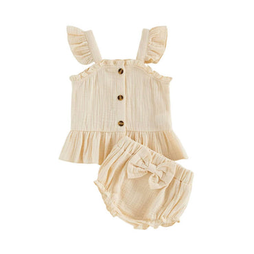 Solid Ruffled Top Bow Shorts Baby Set Sets The Trendy Toddlers Beige 0-3 M 