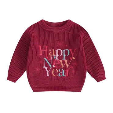 Happy New Year Knit Baby Sweater Burgundy Red 0-3 M 