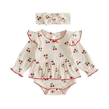 Long Sleeve Cherry Ruffled Baby Romper Rompers The Trendy Toddlers Beige 0-3 M 