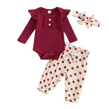 Long Sleeve Polka Dot Baby Set Burgundy Red 0-3 M 