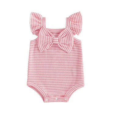 Fly Sleeve Bow Striped Waffle Baby Romper Rompers The Trendy Toddlers Pink 0-3 M 